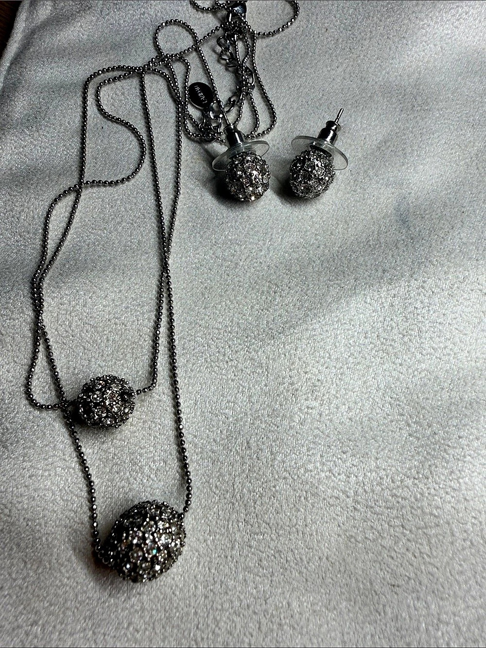 LANDAU Silver Tone Pave Crystal Disco Ball Necklace & Stud Earrings Jewelry Set